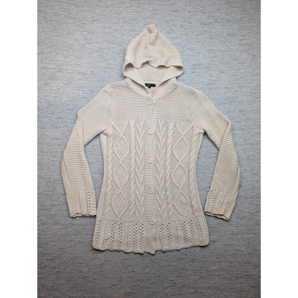 Y2K BCBGMAXAZRIA Sweater Womens Large Beige Hooded Button Front‎ Cable Knit